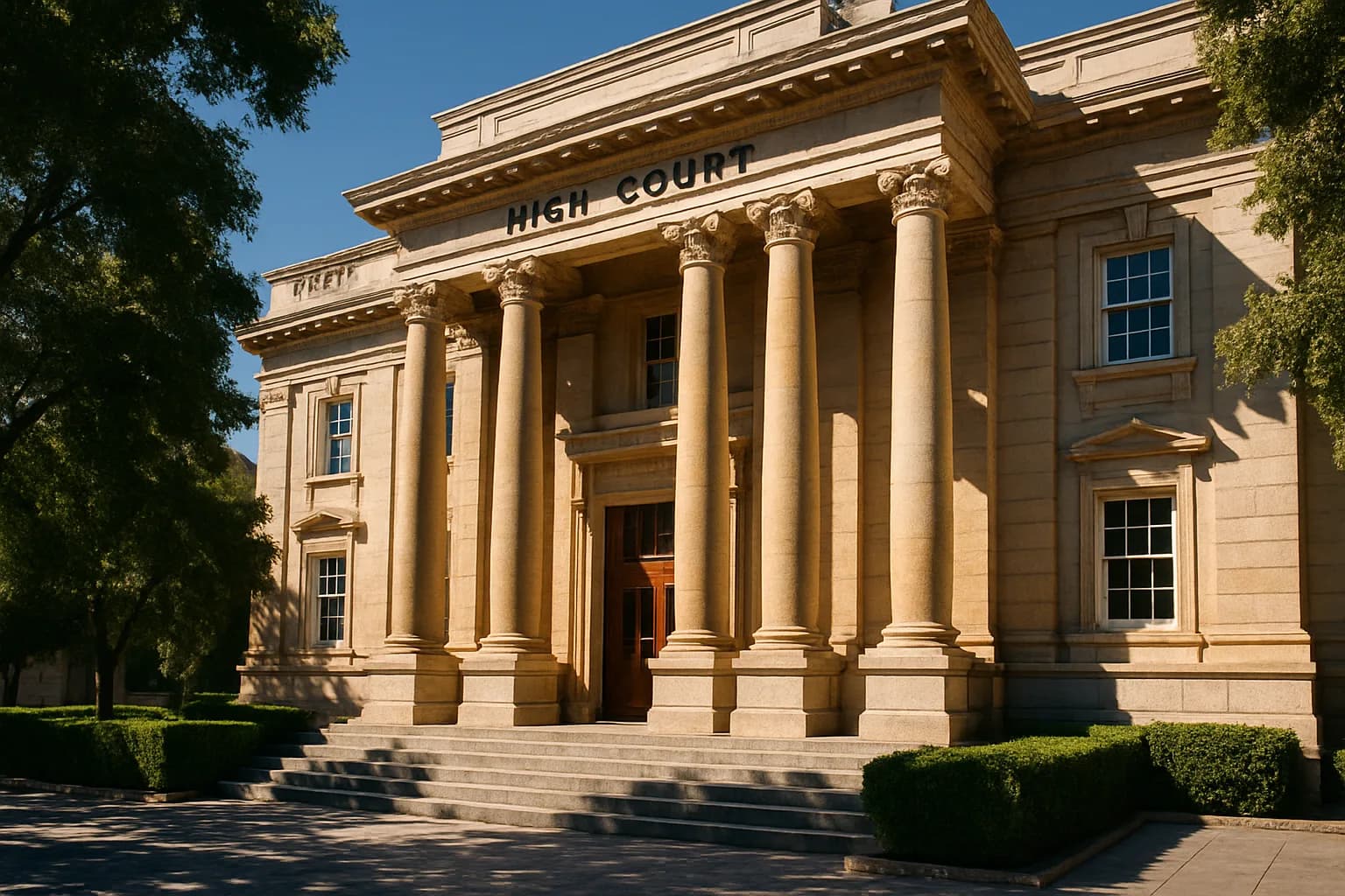 The sunlit facade of a South African High Court building with limestone columns, green hedges and sandstone detailing.