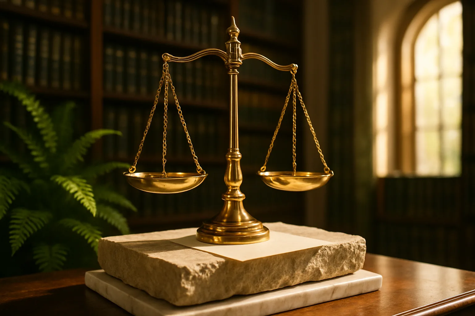 Polished brass scales of justice on a limestone slab in a bright law library surrounded by green-spined legal volumes and warm golden daylight.