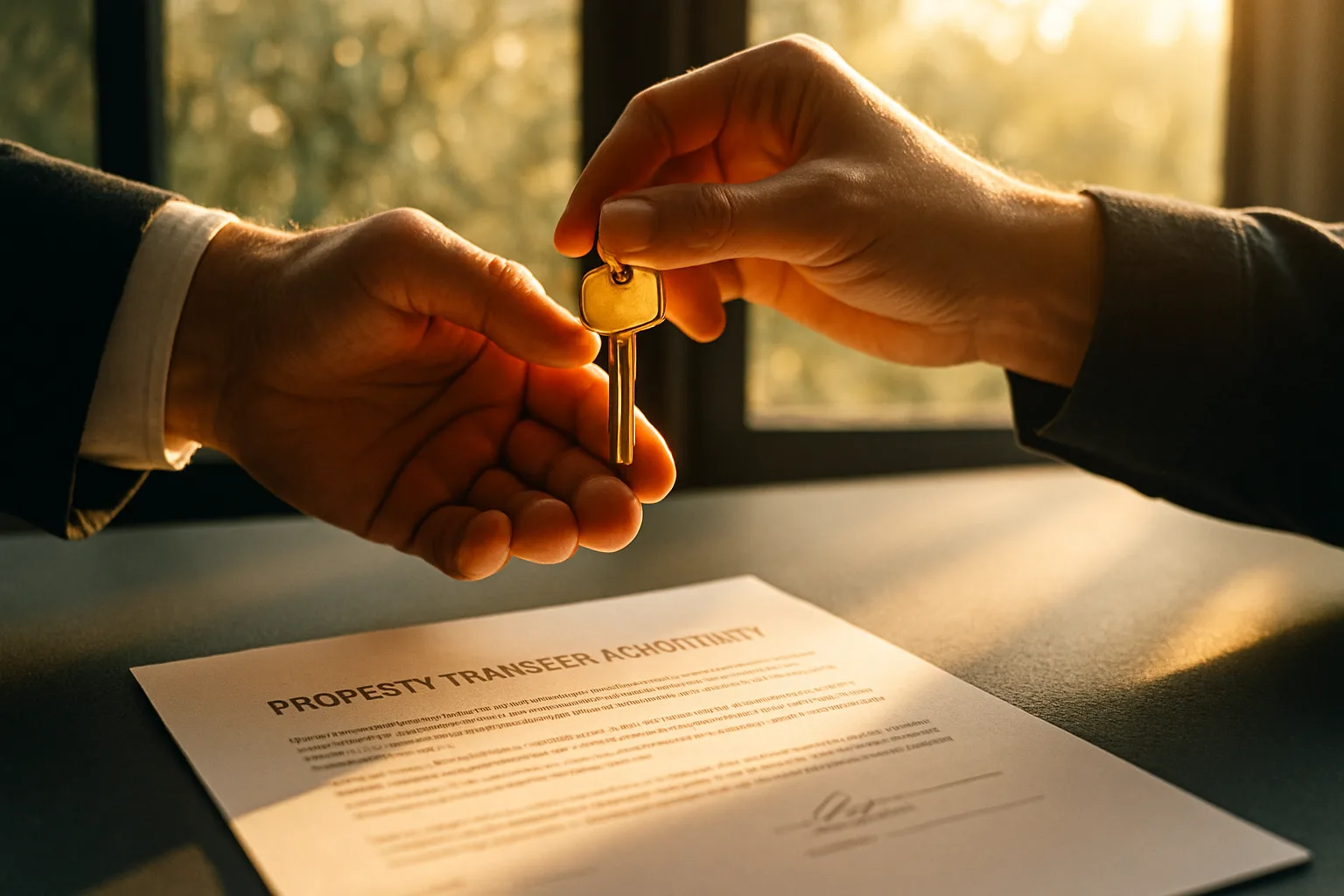 Two hands exchanging a brass door key over a signed property transfer document on a slate-grey desk bathed in warm afternoon sunlight.