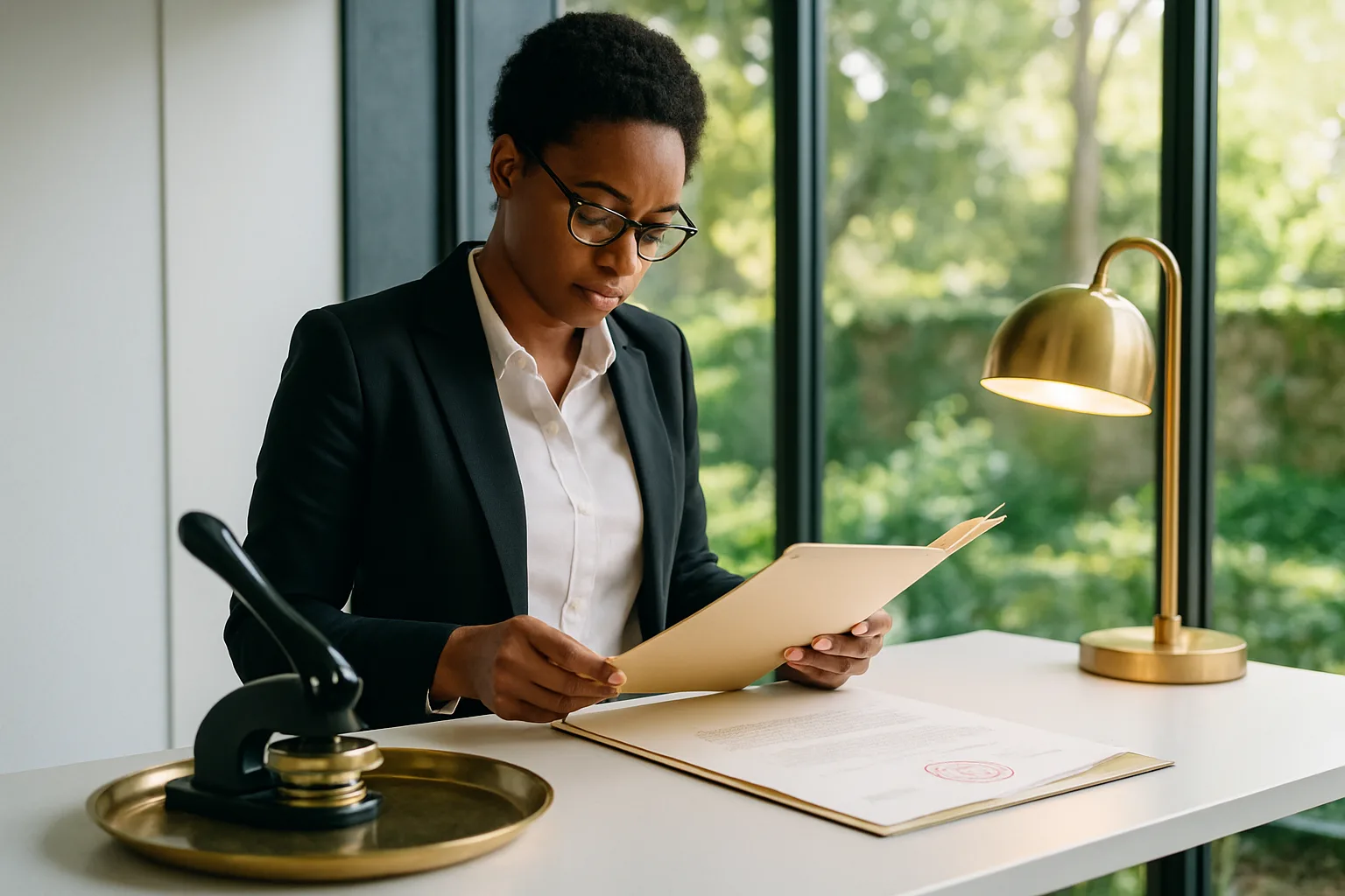 A South African conveyancer reviewing a property transfer file at a bright standing desk with a notary embossing seal in the foreground and a sunlit green garden visible through the window.