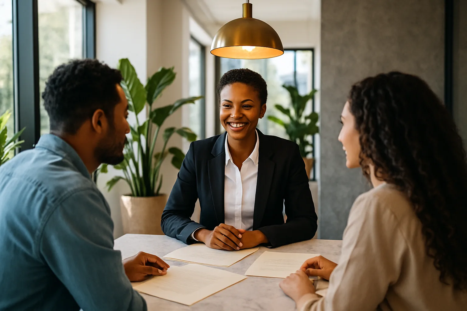 A South African conveyancer explaining property transfer documents to a couple across a bright sunlit consultation table.