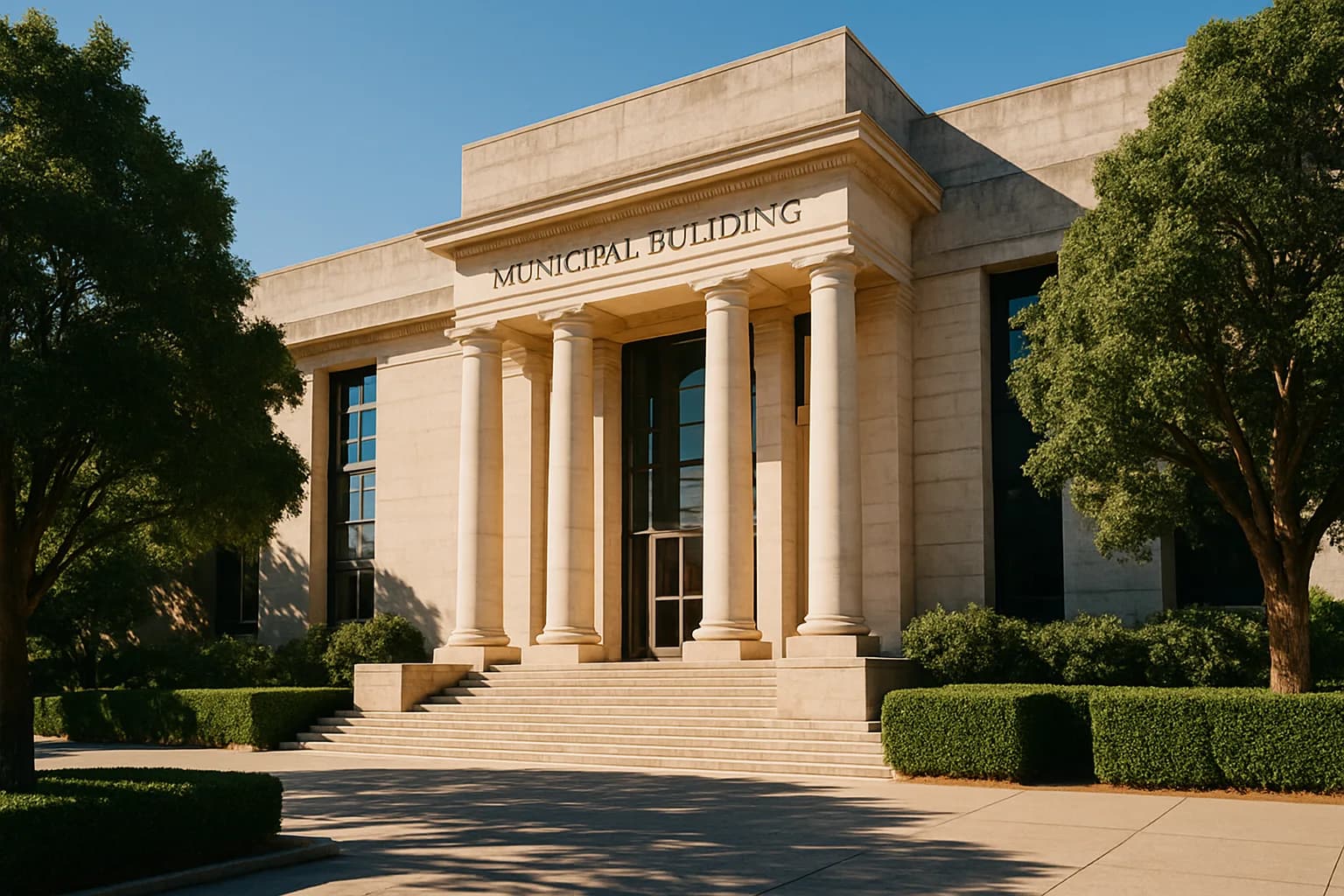 The sunlit exterior of a South African municipal building with limestone steps and lush green hedges flanking the entrance.