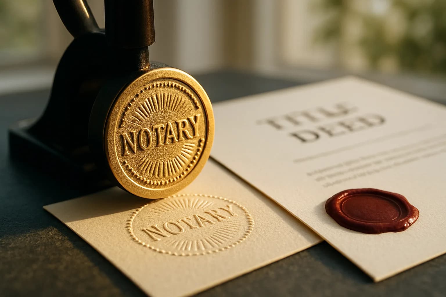 A brass notary embossing seal pressed into cream paper beside a wax-sealed title deed on a slate surface in warm golden light.