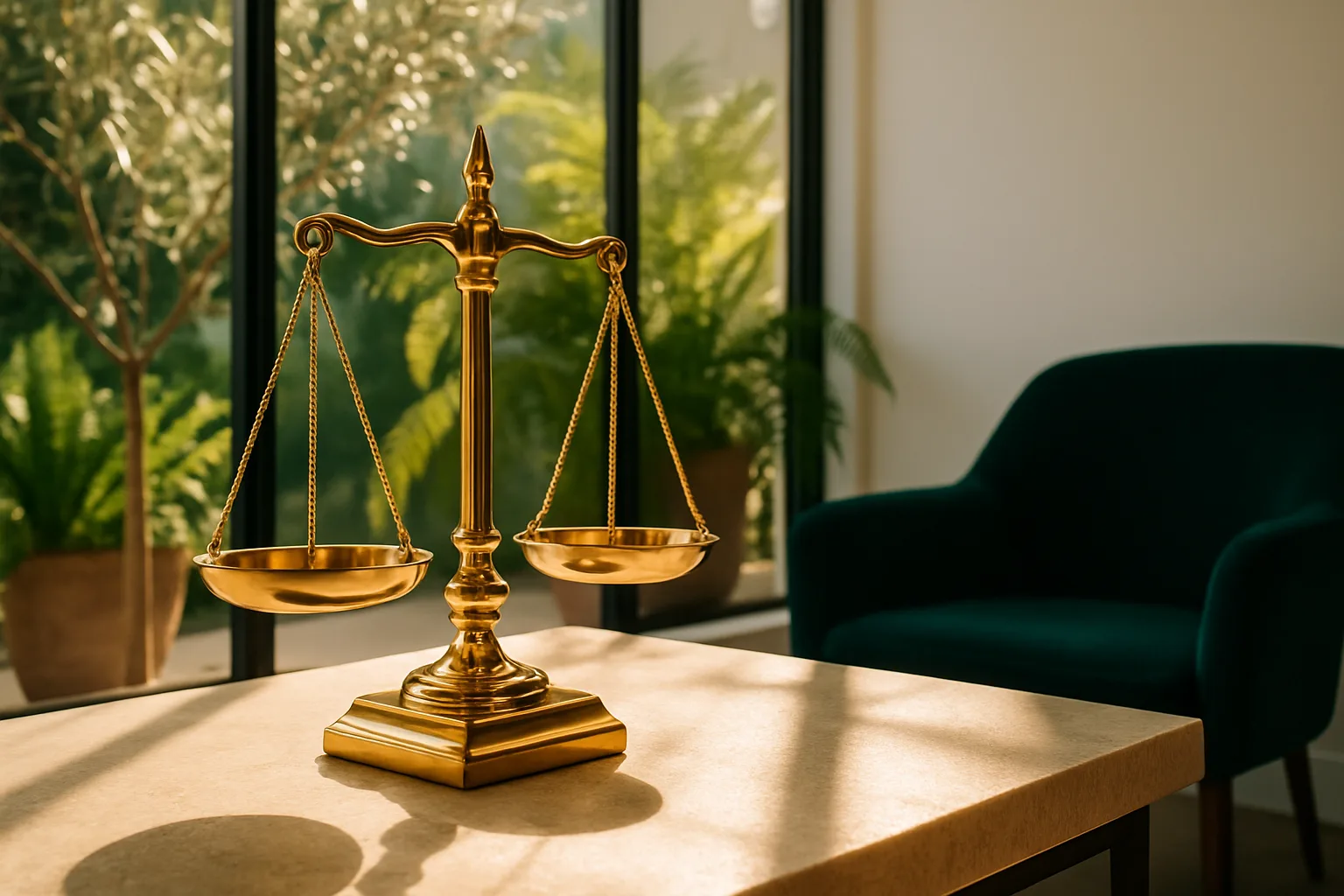 Polished brass scales of justice on a sunlit limestone desk in a bright South African law office, representing the legal process behind transfer delays.