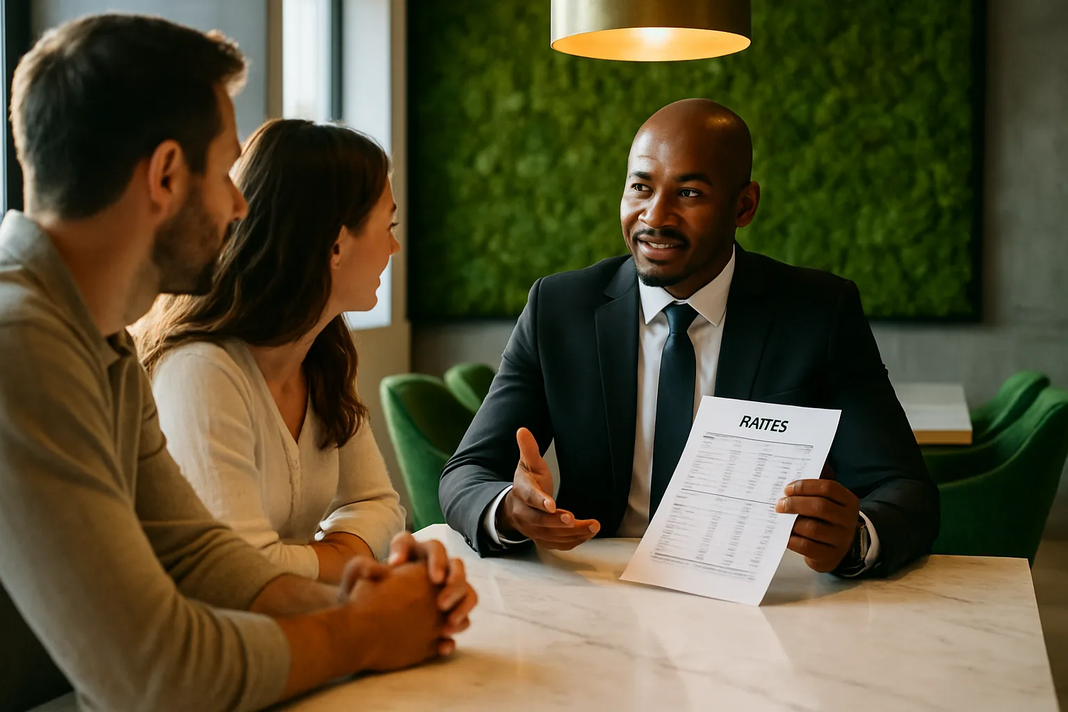 A South African conveyancing attorney explaining a rates and taxes document to a couple across a bright sunlit boardroom table.