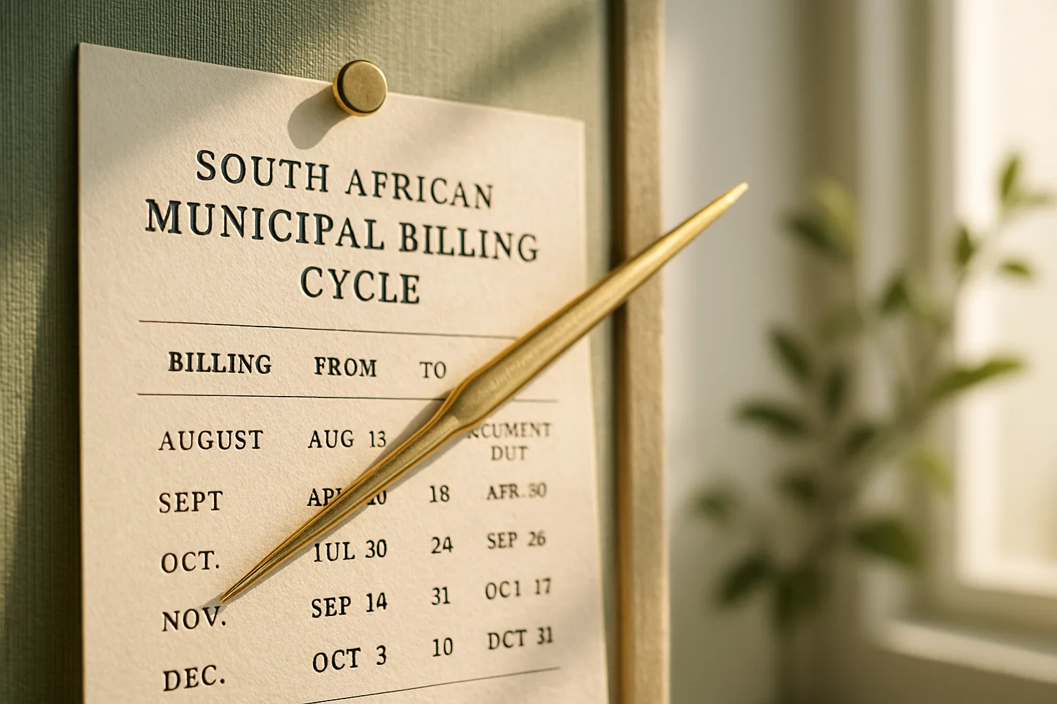A close-up of a municipal billing calendar on a sage-green pinboard with a brass letter-opener marking key billing cycle dates.