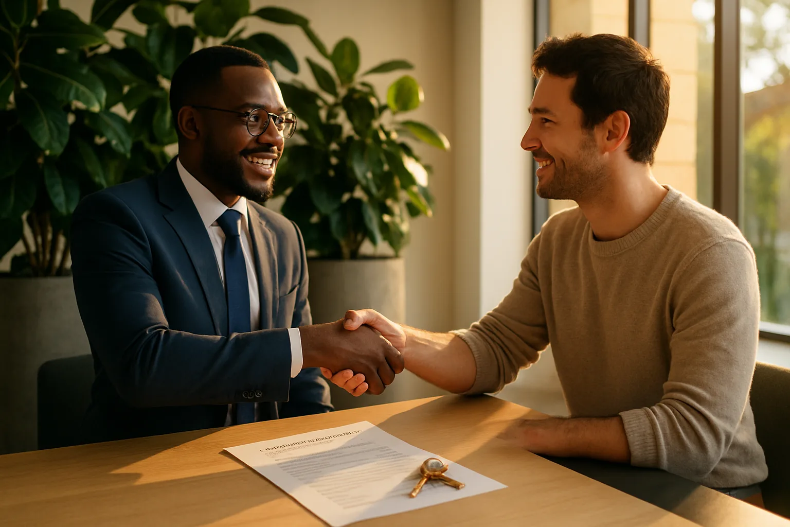 A conveyancer and client shaking hands over a white settlement statement and brass house keys on a sunlit law firm reception desk.