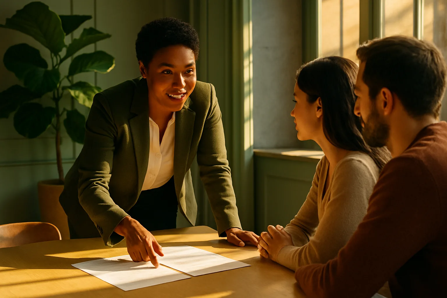 A South African conveyancer in an olive blazer explaining a property document to a couple across a bright sunlit meeting table.
