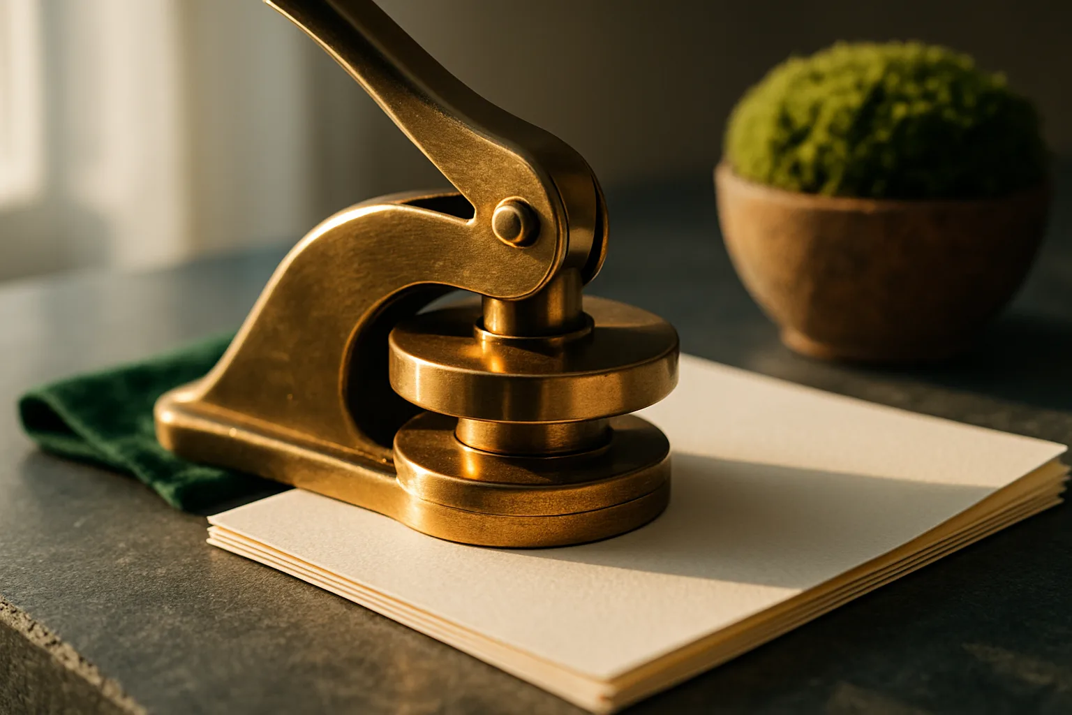 A heavy brass notary embossing seal pressing into cream parchment on a slate stone desk beside a small moss arrangement in bright daylight.