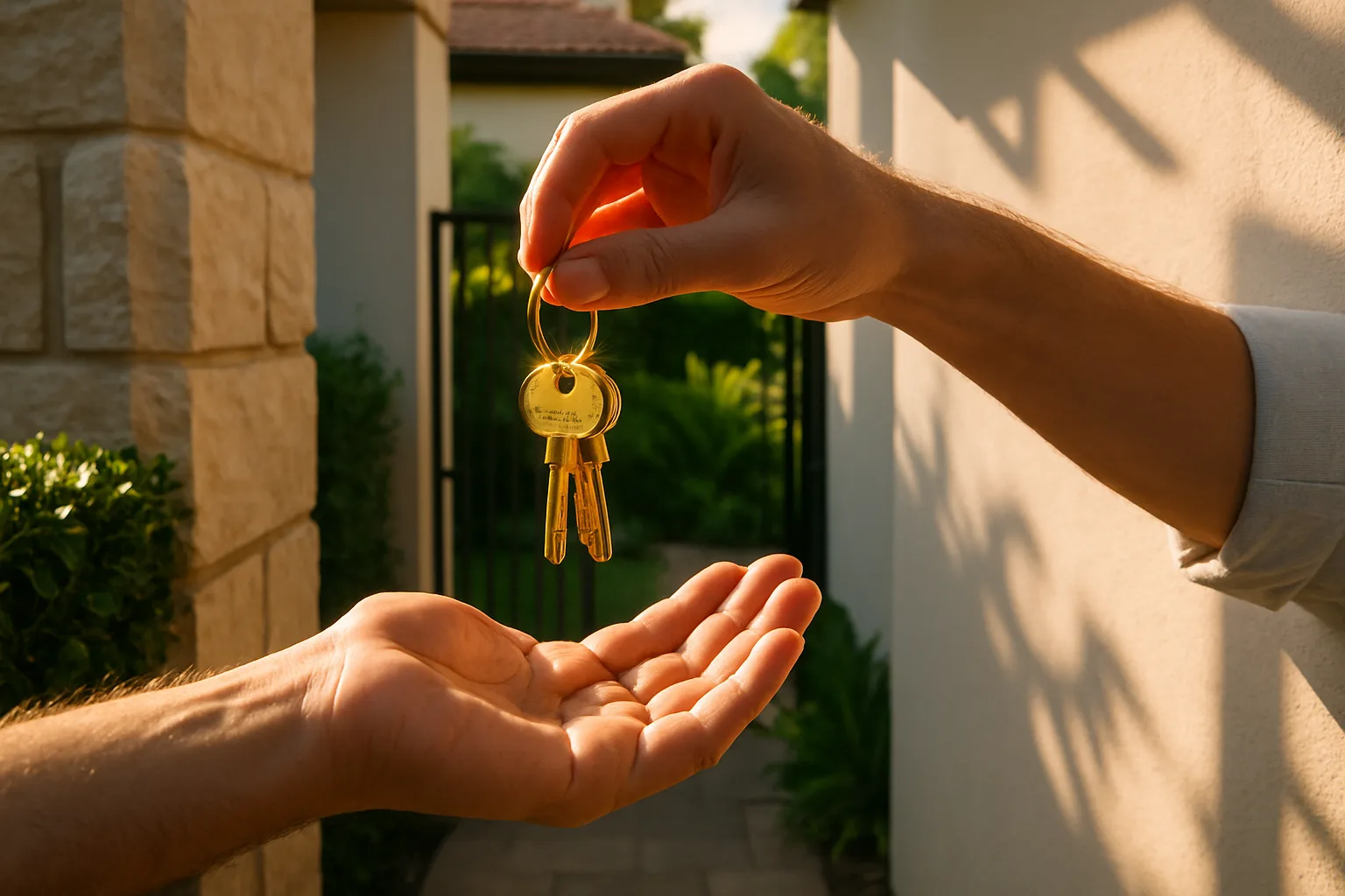 A set of polished brass house keys being handed over in the sunlit courtyard entrance of a modern South African home with a lush green garden beyond.
