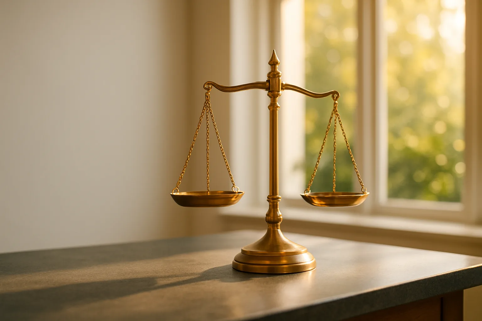 Polished brass scales of justice on a slate stone surface in a bright law office, with green foliage visible through a sunlit window behind.