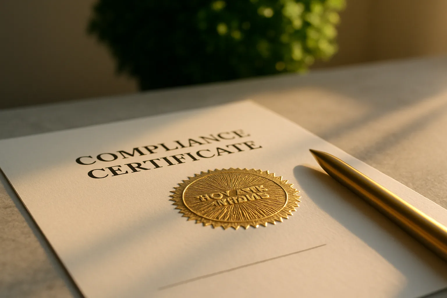 A notary embossing seal pressed into a compliance certificate on a limestone desktop, with a brass pen and a blurred green plant in the background.