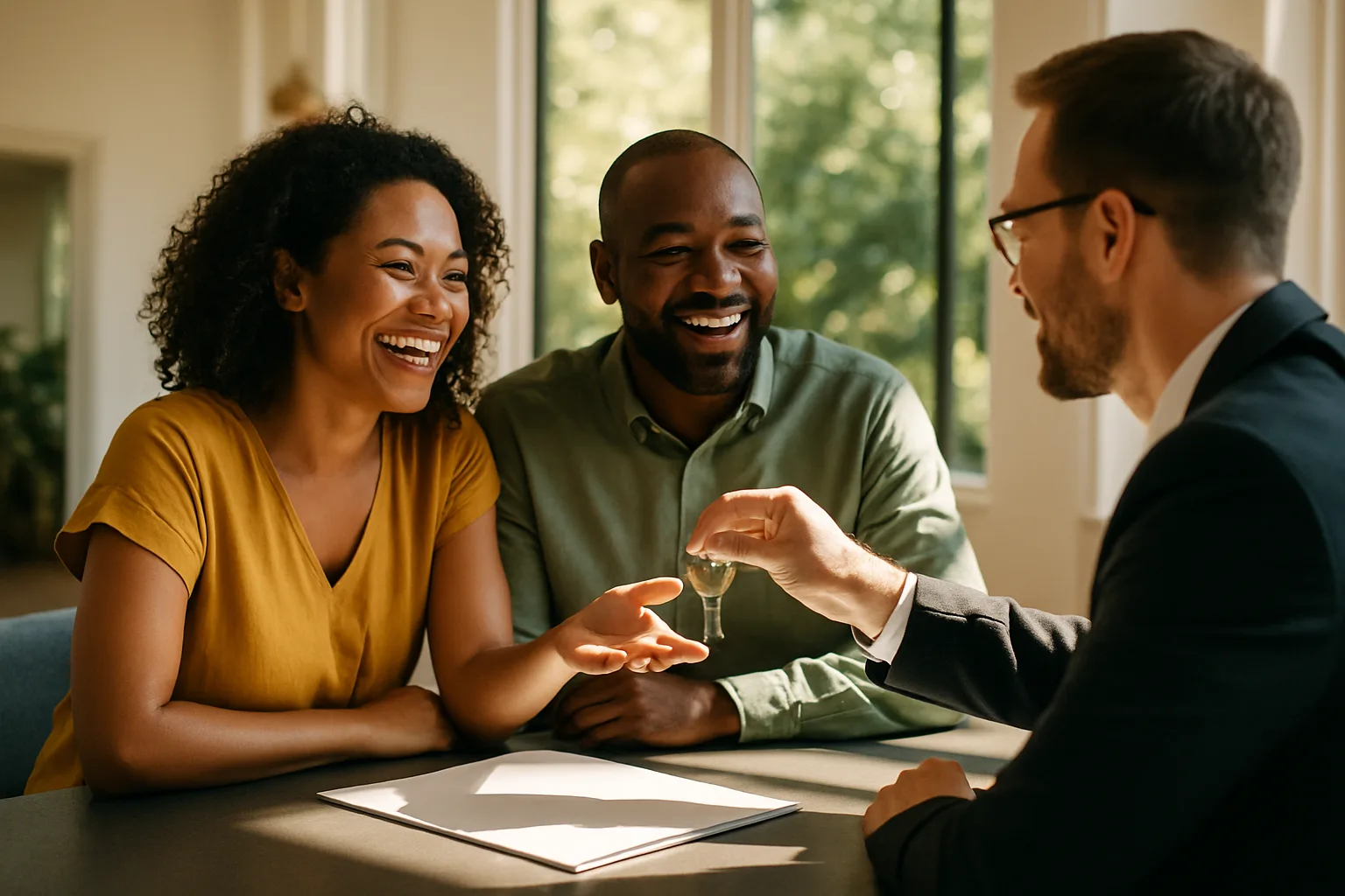A couple receiving house keys from a conveyancing attorney at a bright sunlit office table, with lush green garden visible through large windows behind them.