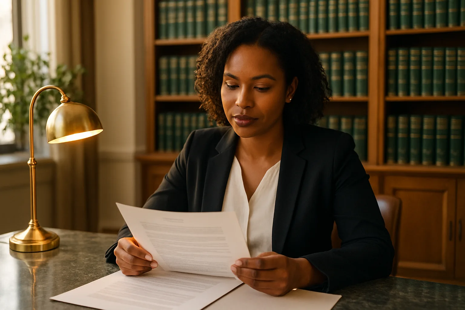 A South African conveyancer reviewing a property transfer document at a sunlit office table, illustrating the seller's obligations during a property transfer.