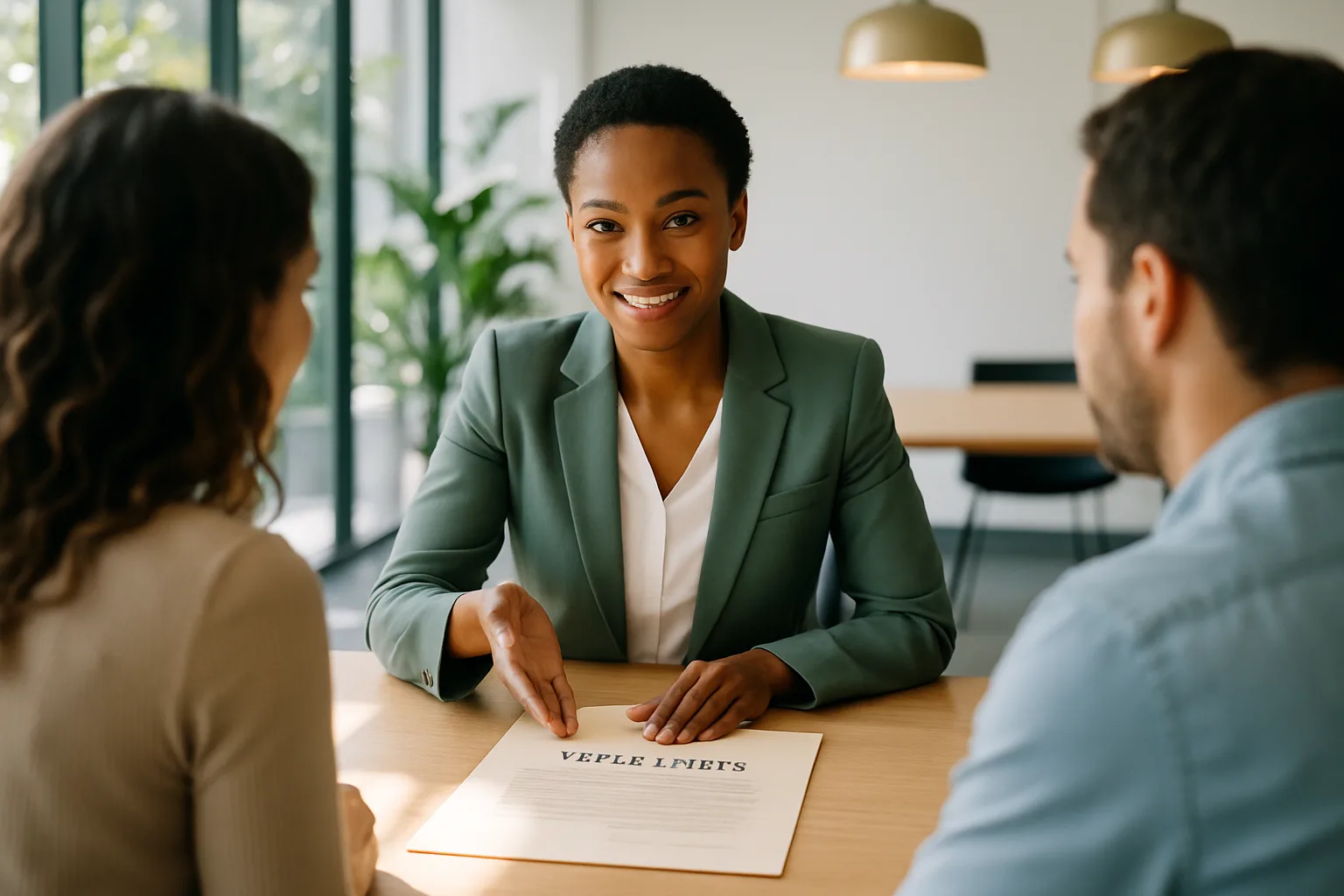 A South African female conveyancer in a sage-green blazer consulting with a couple over a title deed document in a bright sunlit boardroom.