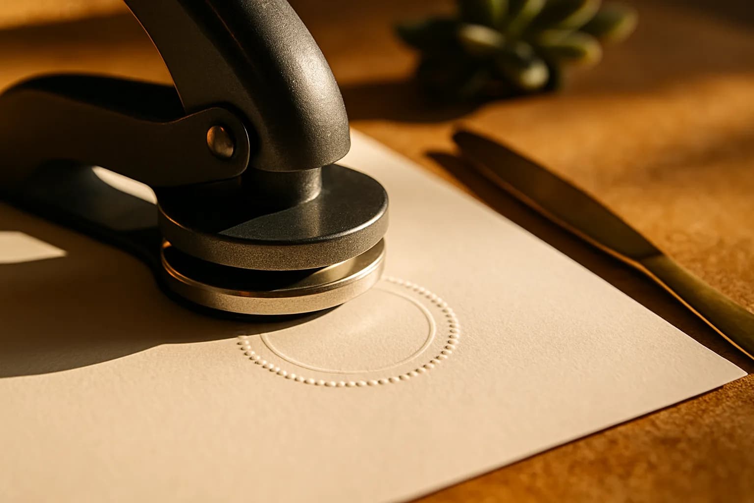 A notary's embossing seal pressing into a cream legal document on a sandstone desk, with a brass letter opener and a small succulent plant in the background.