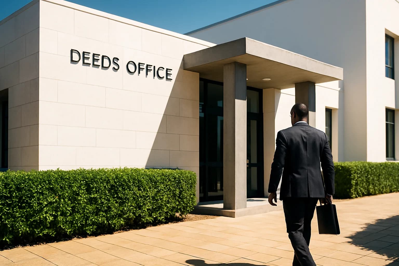 The exterior of a bright South African Deeds Office building with a limestone facade, lush green hedging, and an attorney in a charcoal suit walking toward the entrance.