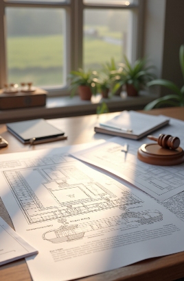 Plans and gavel on desk